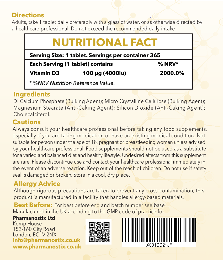Vitamin D3 4000IU 365 Tablets - Immunity Support