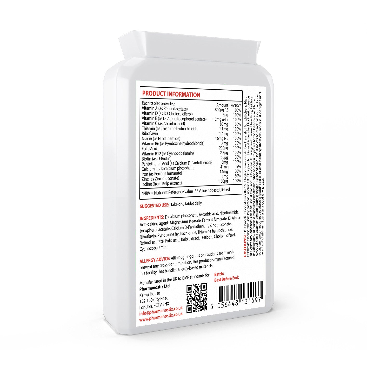 MultiVitamins & Minerals with Iron 60 Tablets -100% NRV